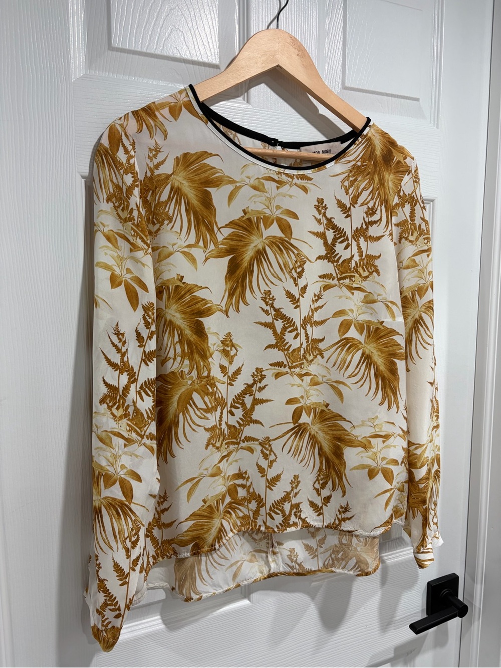 Mos Mosh Leaf Print Long-Sleeve Blouse Black Trim Button-Cuff Cupro - Picture 2 of 11